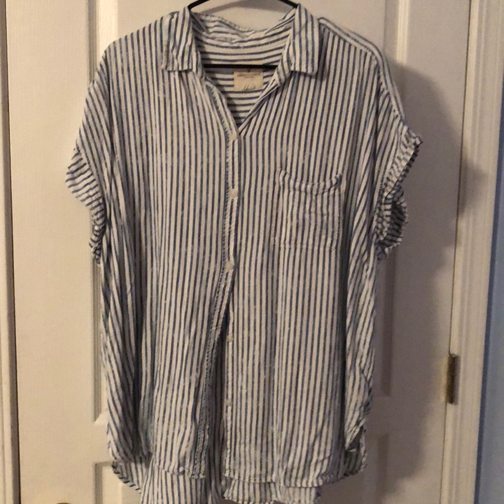 Blue & White Striped Short Sleeve Button Down